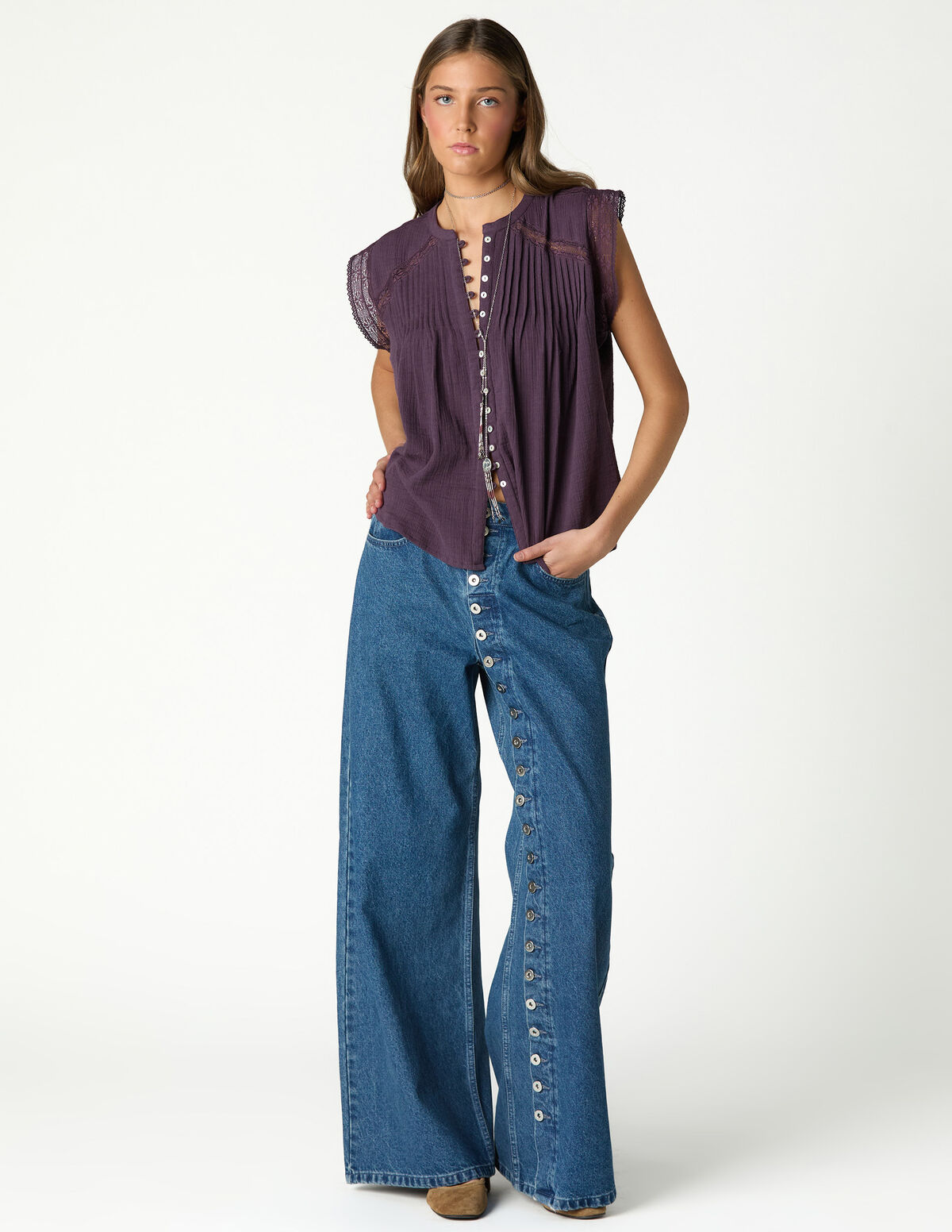 CAL&Ccedil;AS DENIM AZUL BOT&Otilde;ES