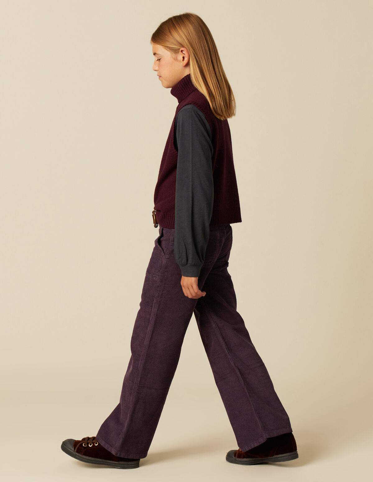 PANTALON FILLE LARGE VELOURS C&Ocirc;TEL&Eacute; SABLE