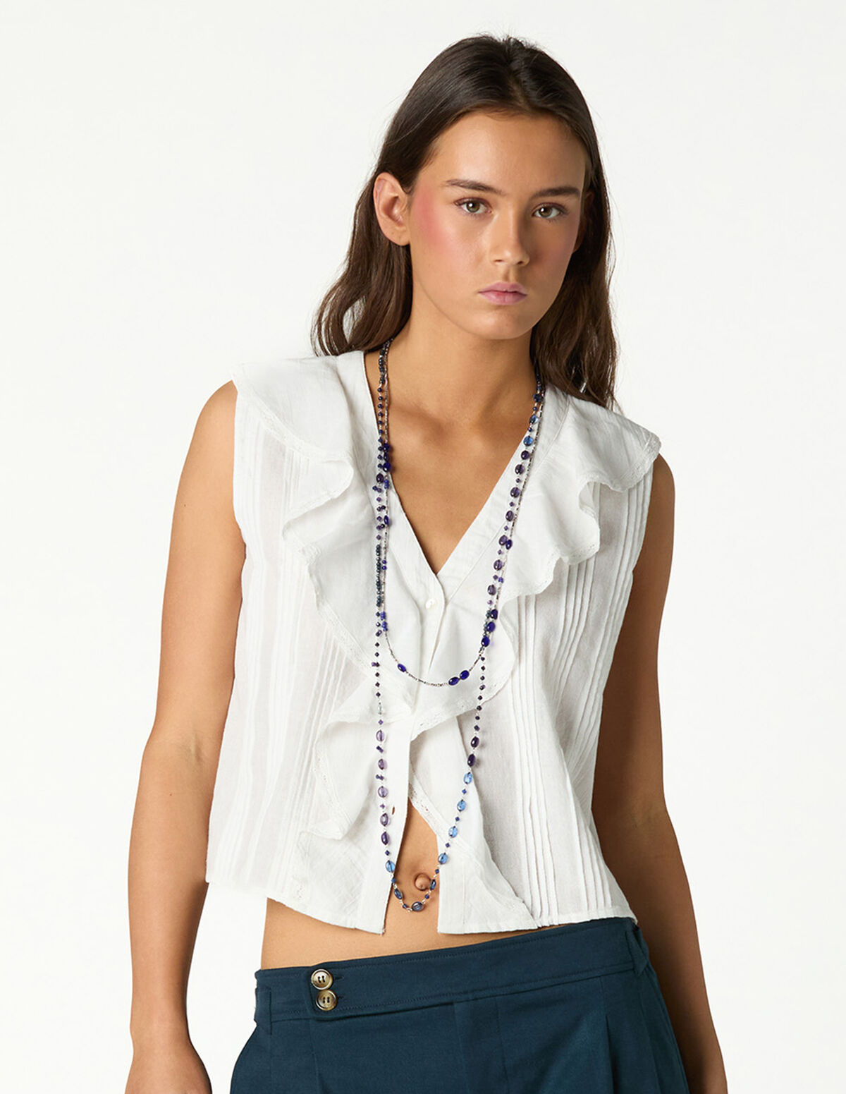 ANTHRACITE SLEEVELESS RUFFLE TOP