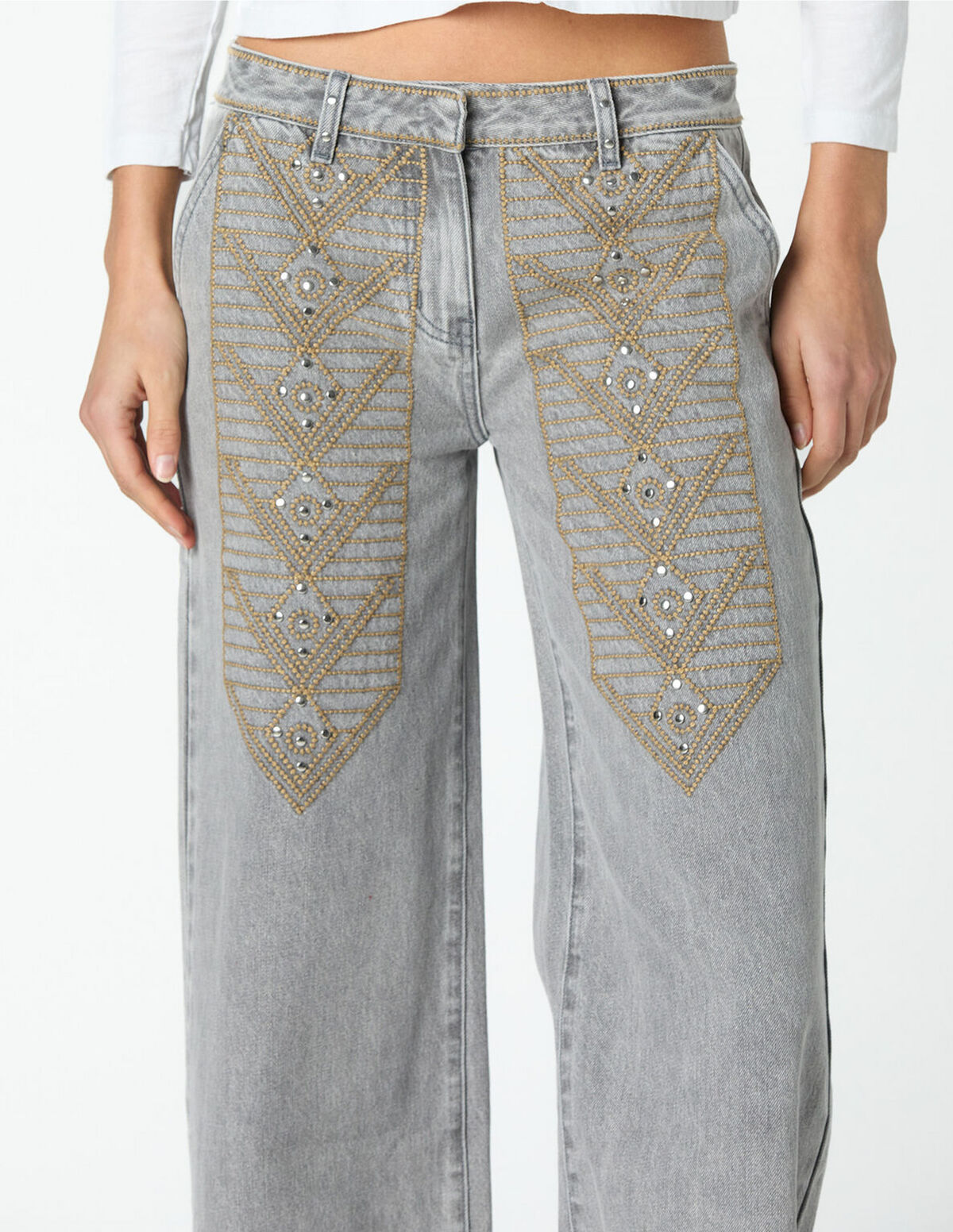 CAL&Ccedil;AS BORDADO DENIM CINZENTO