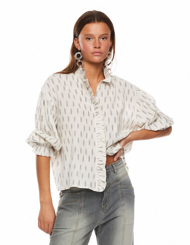 Double stripe ecru shirt with ruffle neck - View all > - Nícoli
