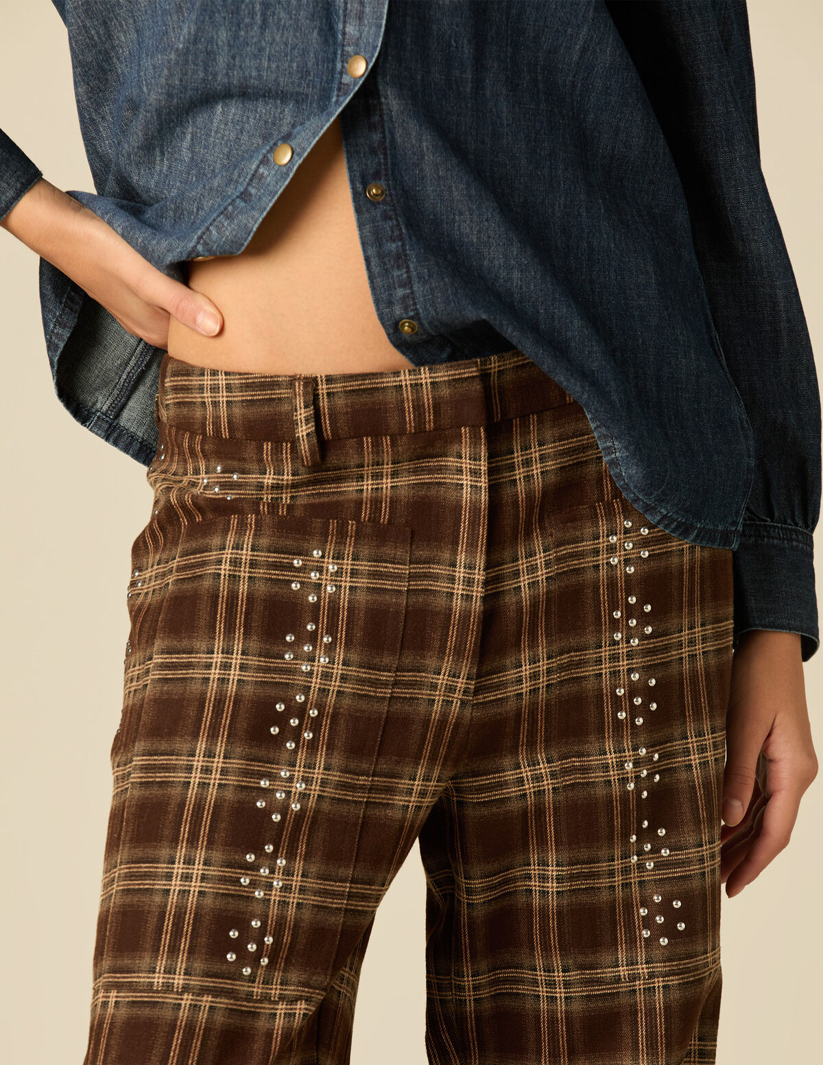 GREY CHECKED STUDDED TROUSERS