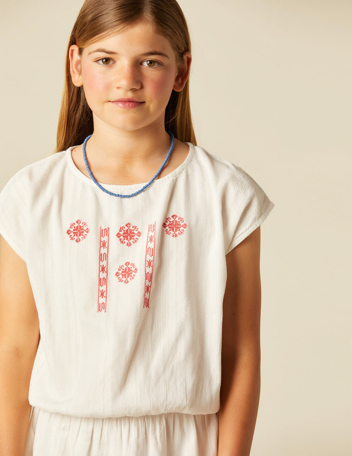BLUE EMBROIDERED ELASTICATED DRESS