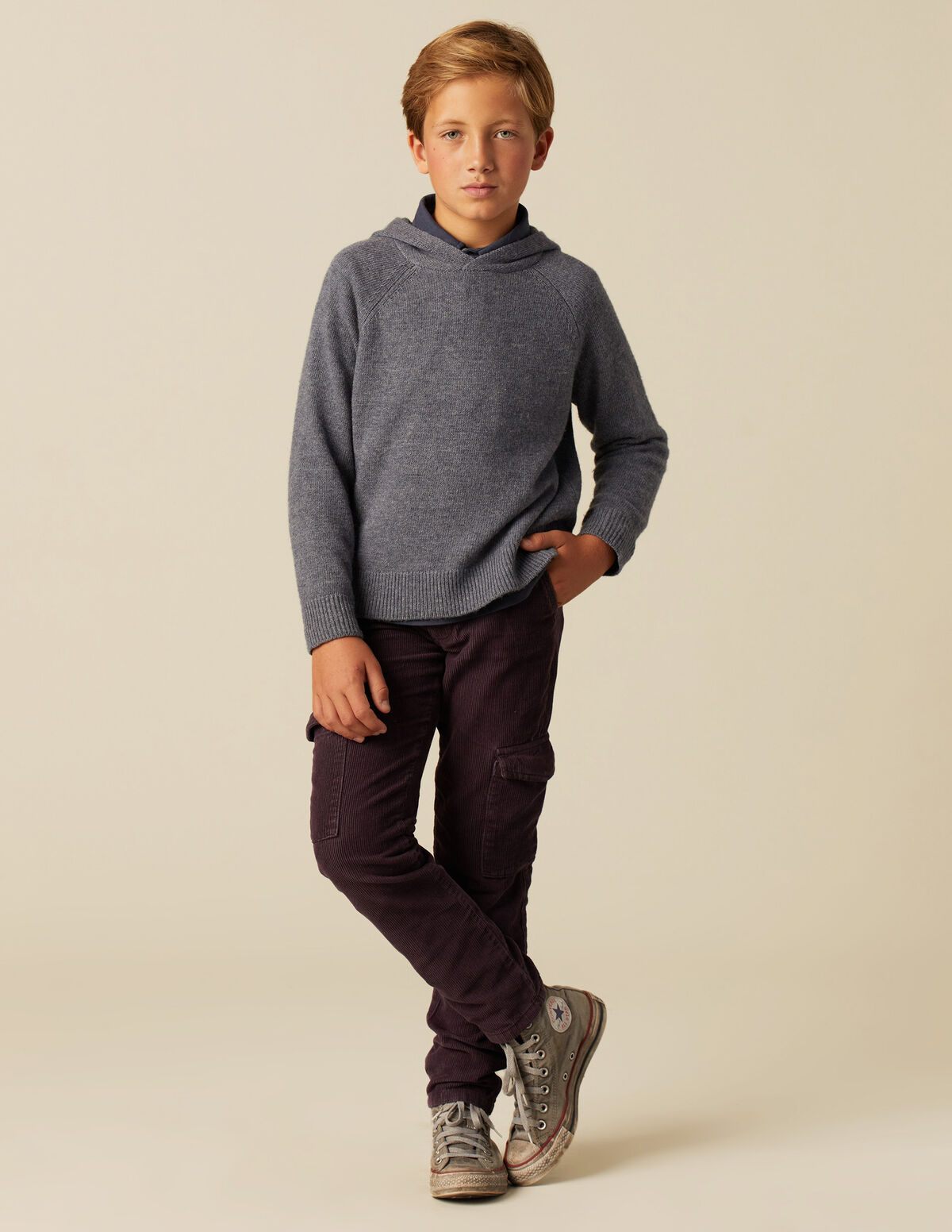 BOYS LONG BLUE CORDUROY CARGO TROUSERS