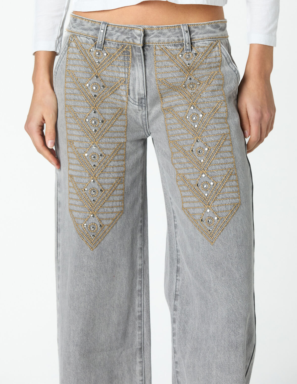 CAL&Ccedil;AS BORDADO DENIM CINZENTO