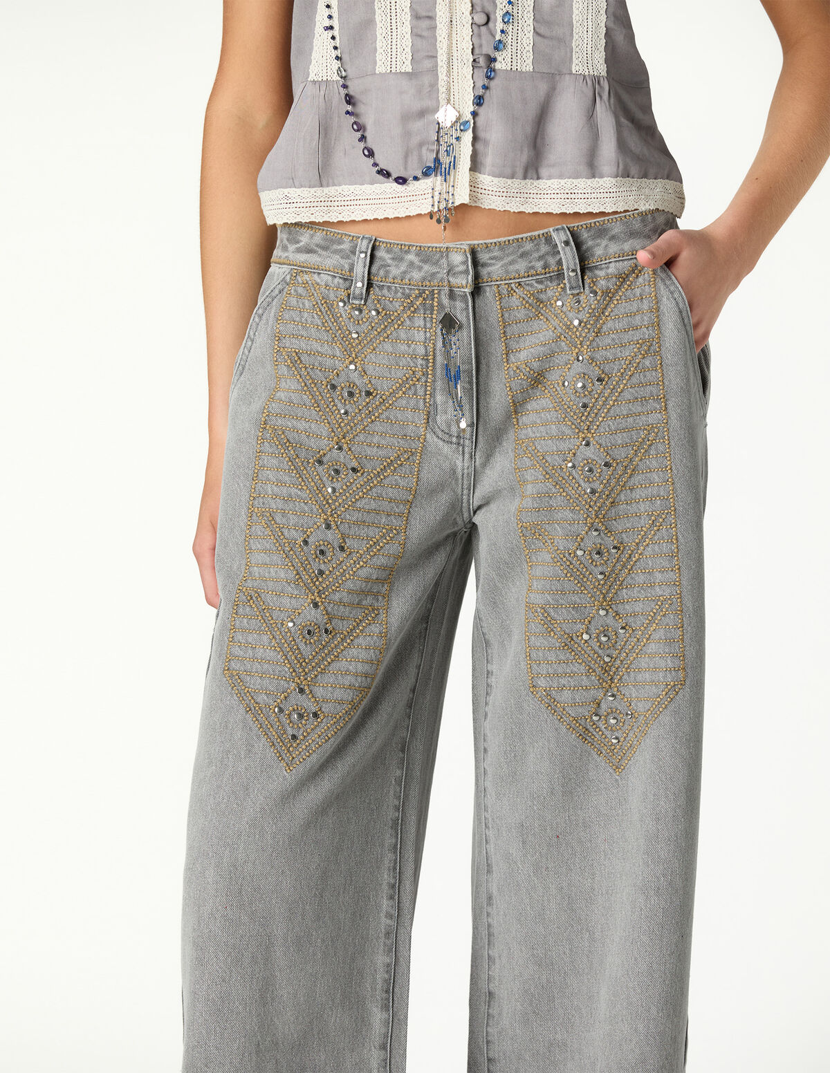 CAL&Ccedil;AS BORDADO DENIM BRANCO