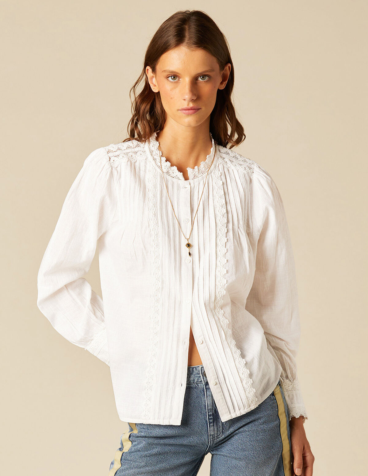 ECRU LACE PIN-TUCK SHIRT