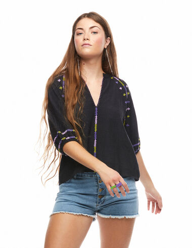 Blue two-tone embroidered V-neck shirt - View all > - Nícoli