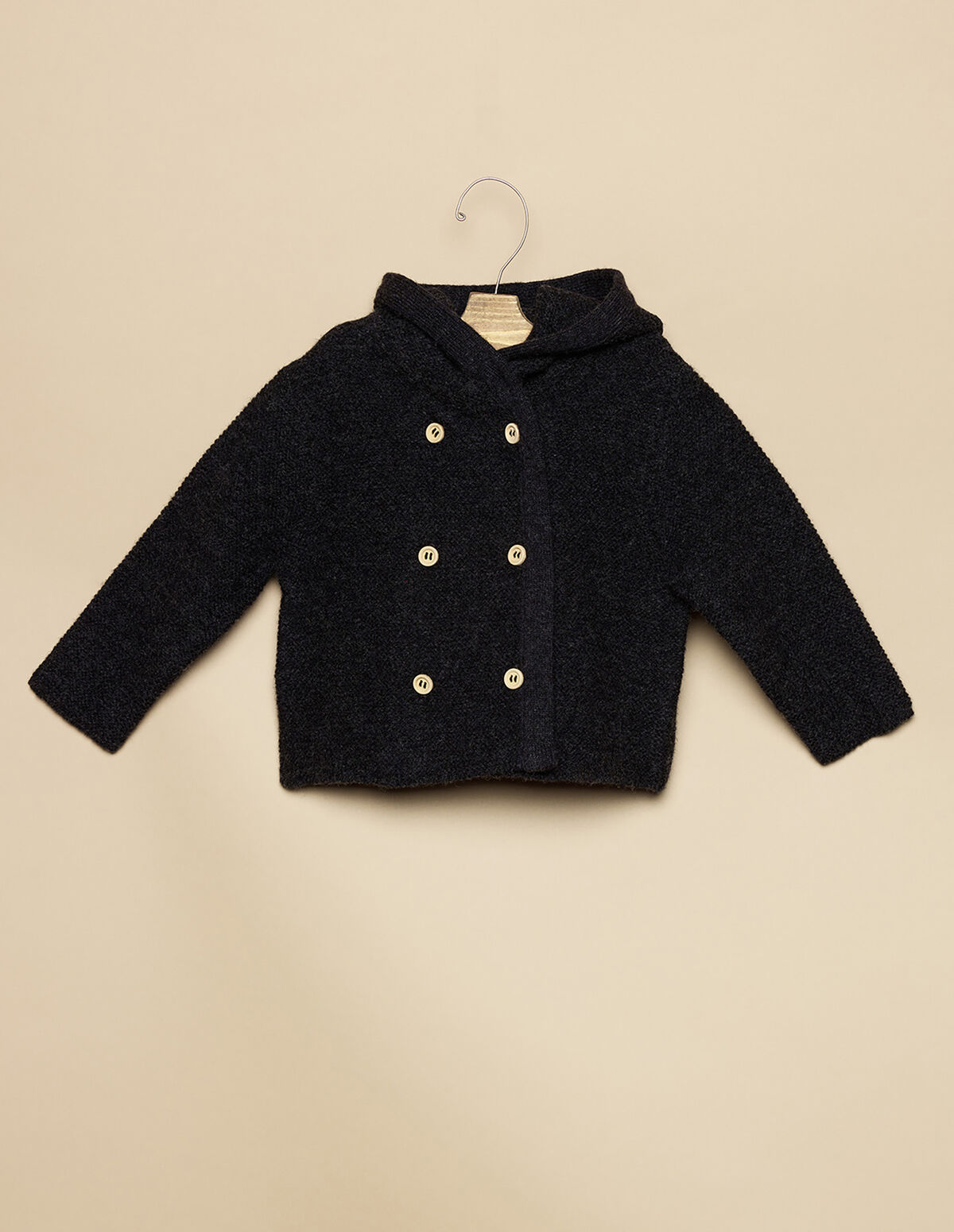 GREY HOODED KNIT COAT