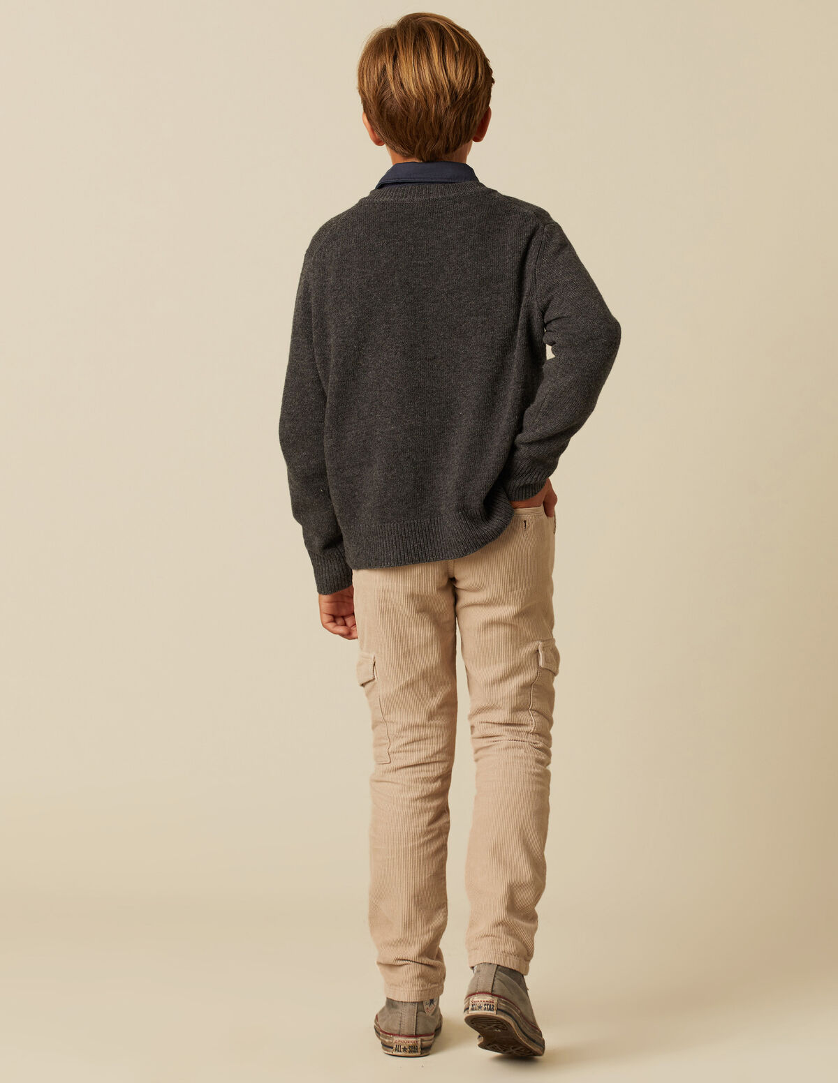 BOYS LONG BLUE CORDUROY CARGO TROUSERS