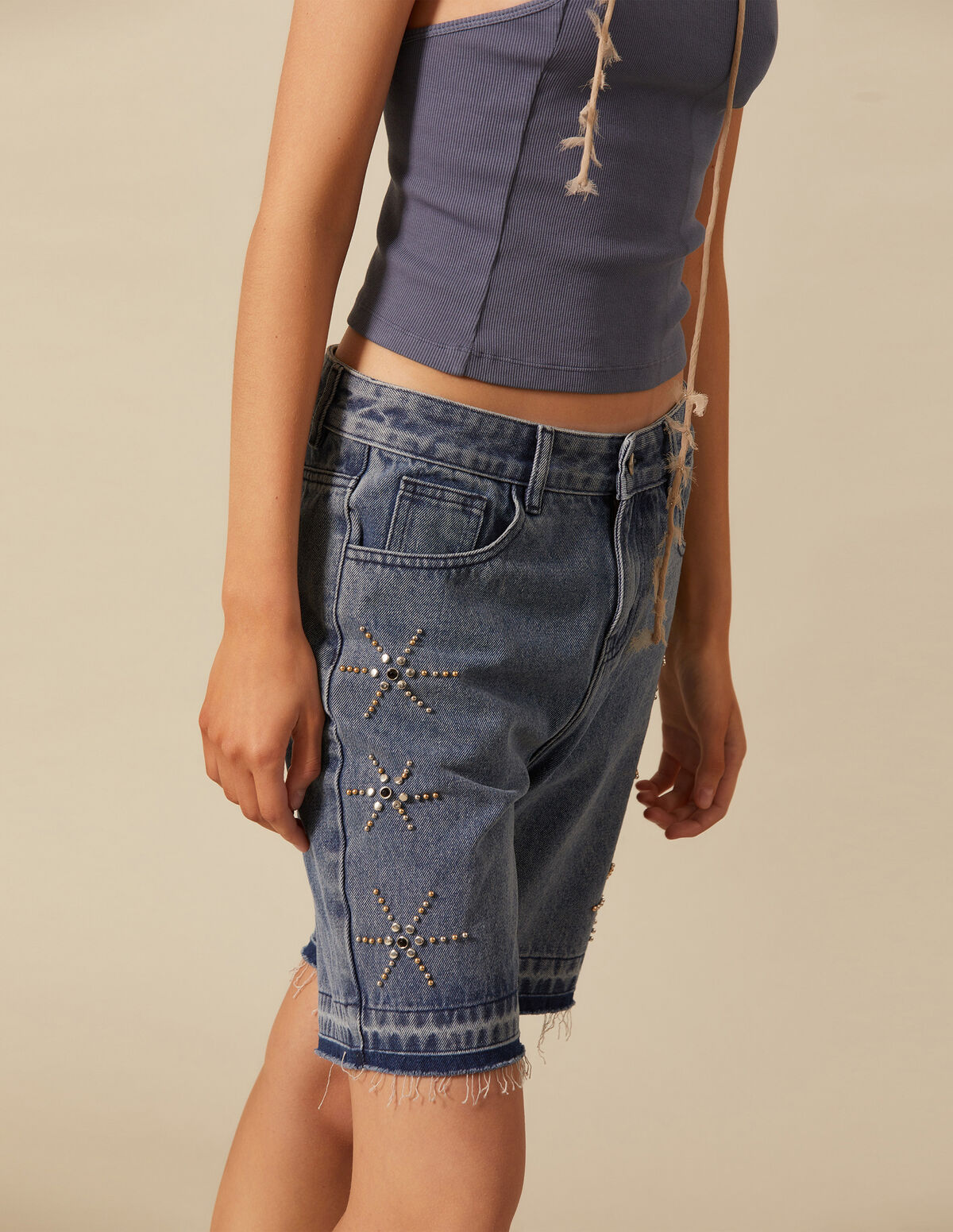 DENIM STUDDED BERMUDA SHORTS
