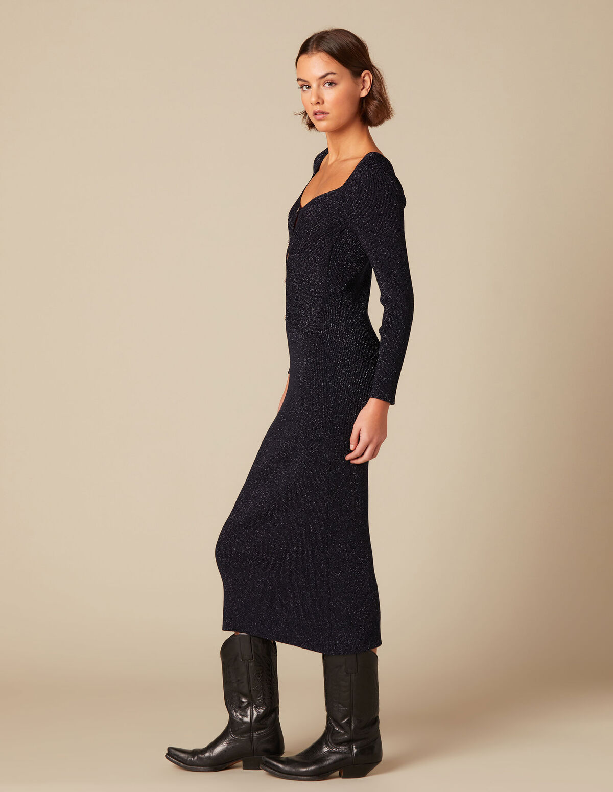 VESTIDO BRILLO AZUL BOTONES FLOR