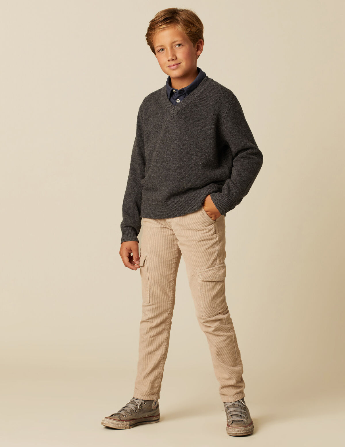 BOYS LONG BLUE CORDUROY CARGO TROUSERS