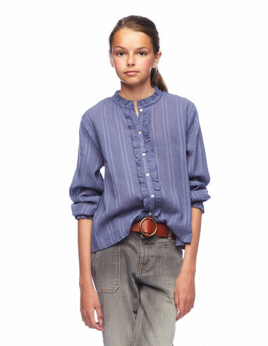 Cobalt ruffle neck button-up shirt - Clothing - Nícoli
