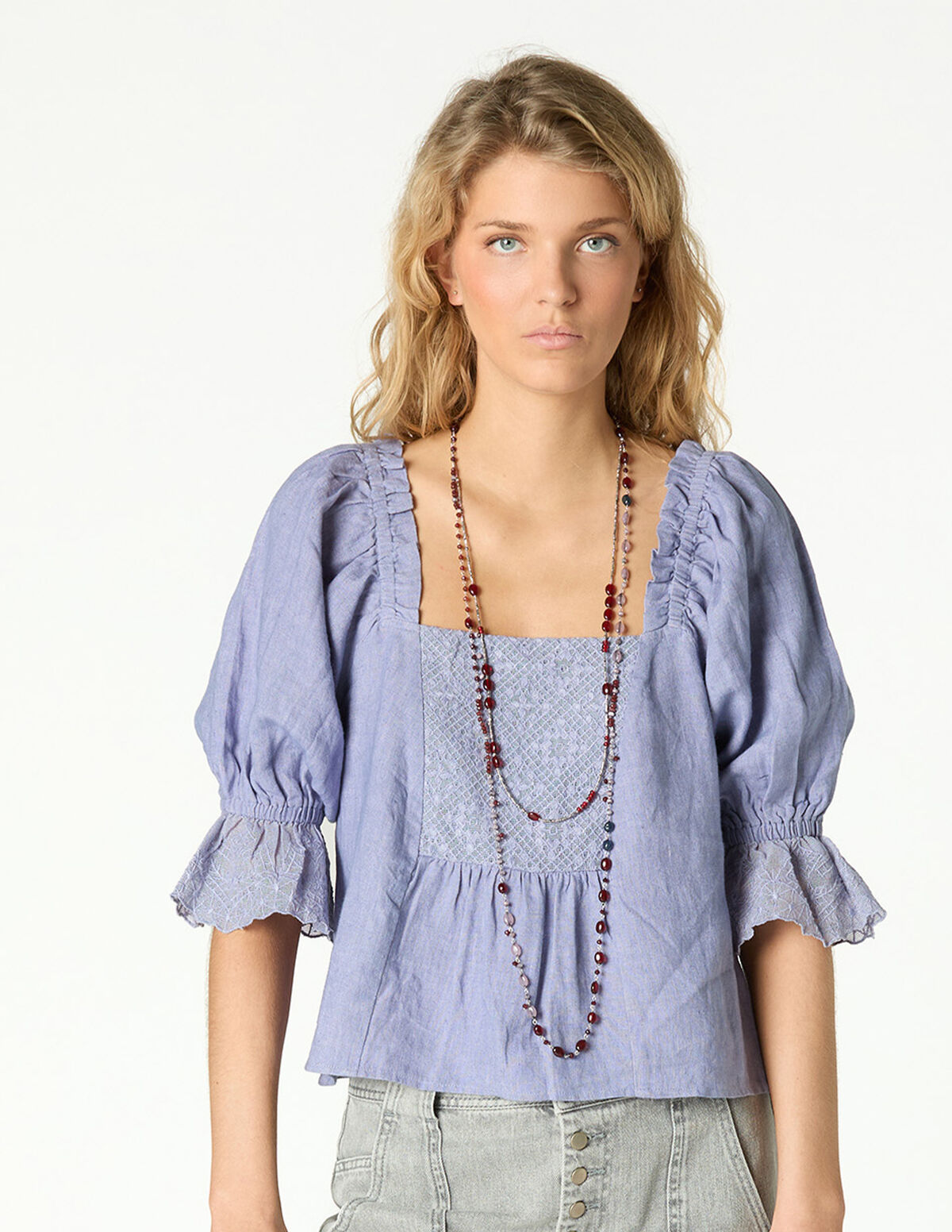 CAMISA LINHO RENDA ANIL