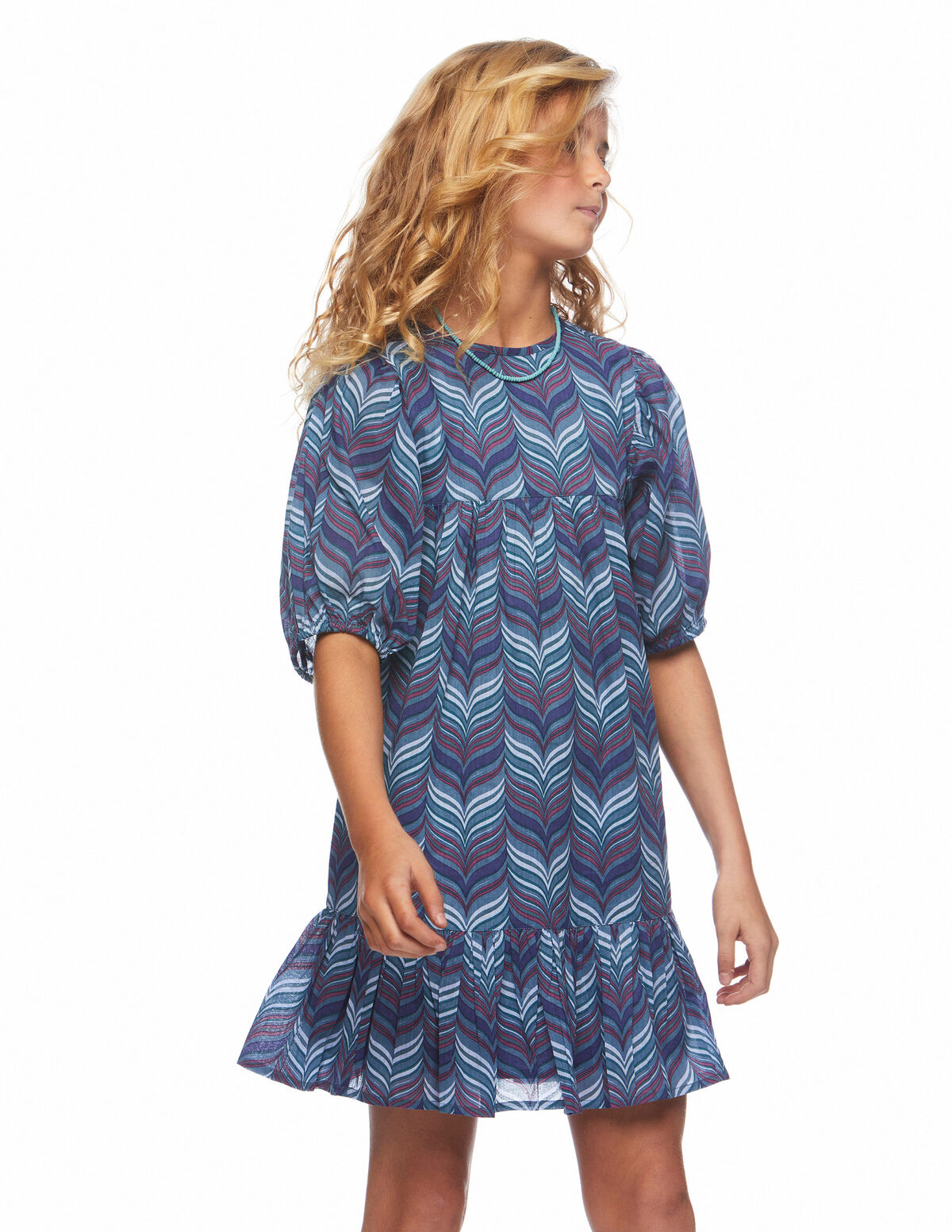 Blue herringbone lantern sleeve dress