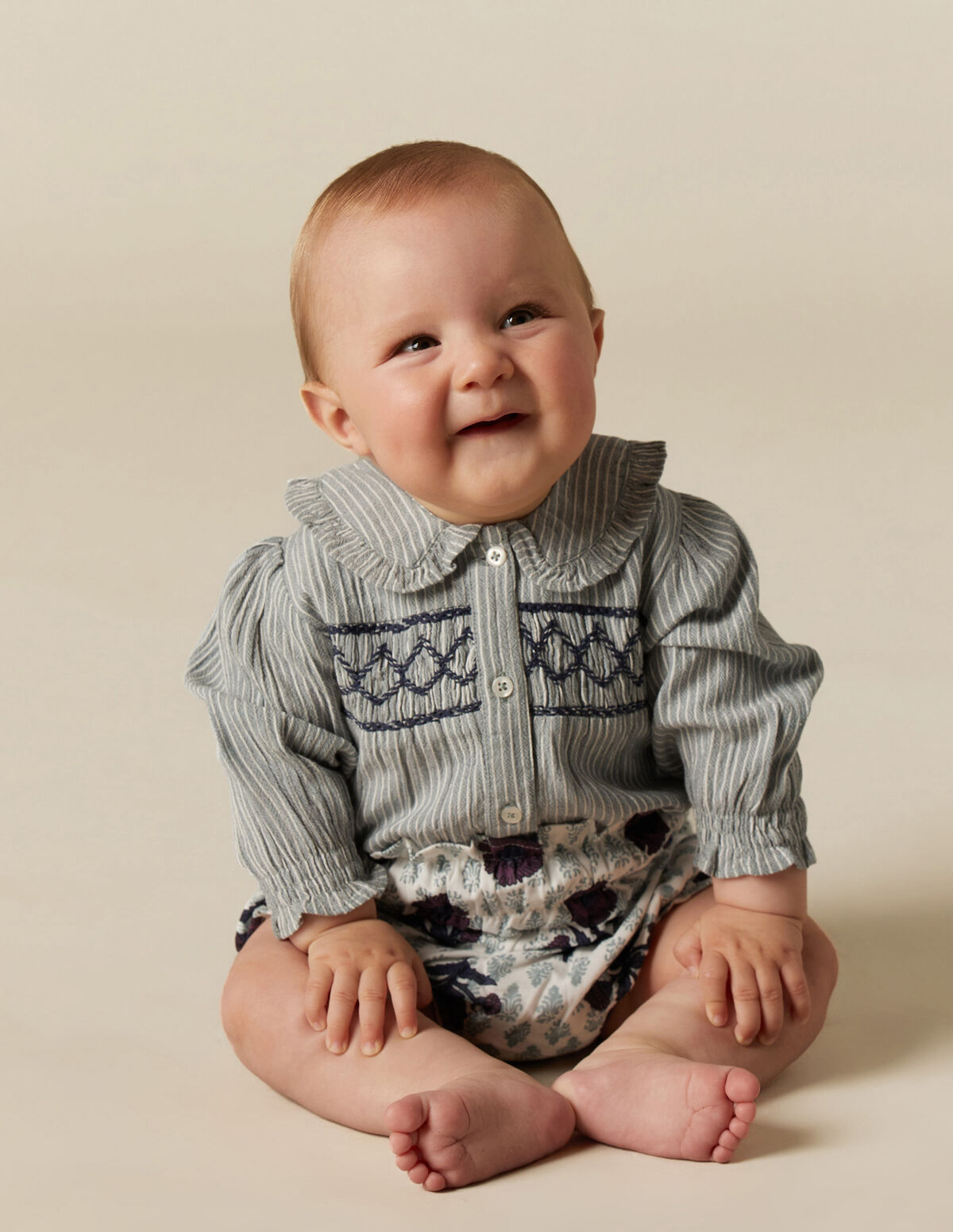 BLUE SMOCKED STRIPED SHIRT