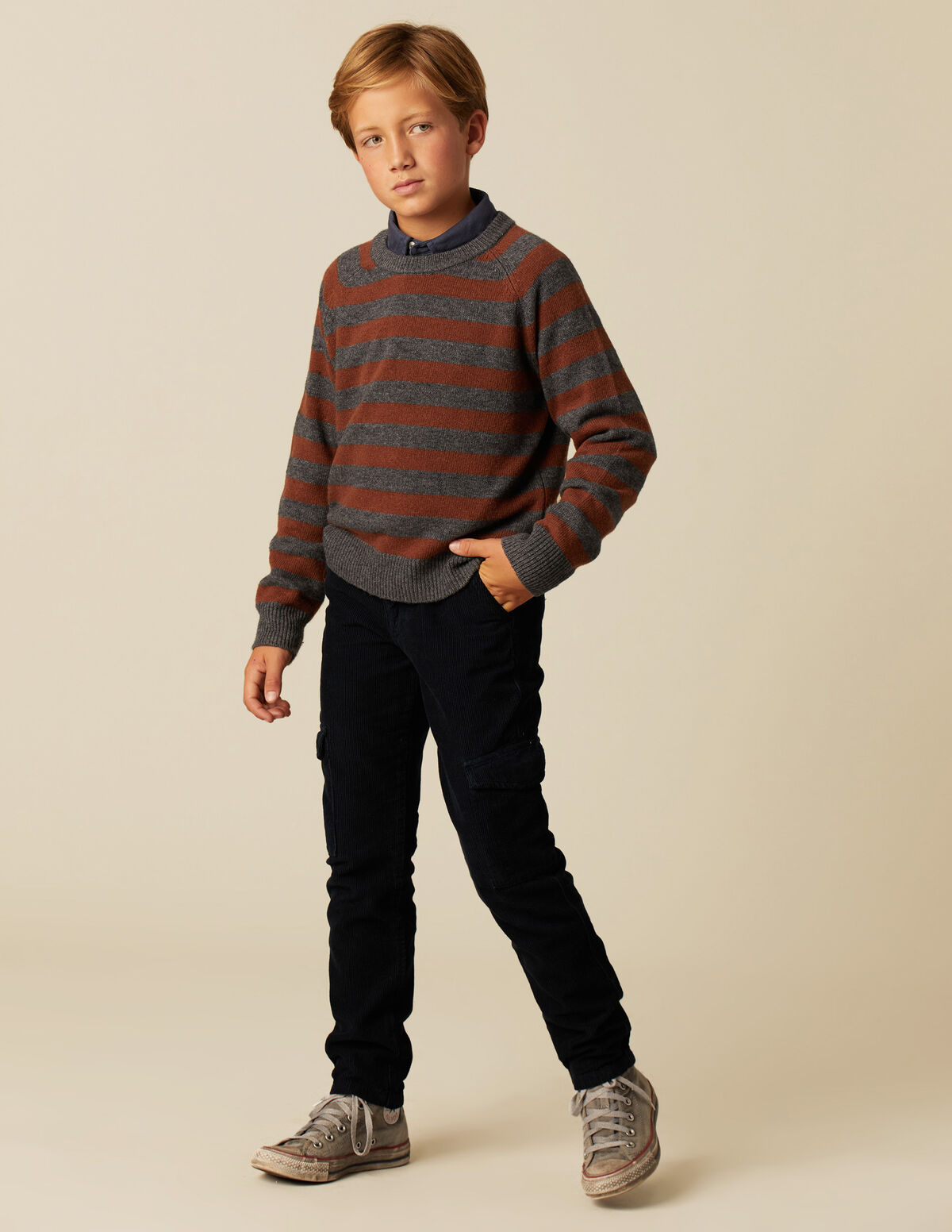BOYS LONG BLUE CORDUROY CARGO TROUSERS