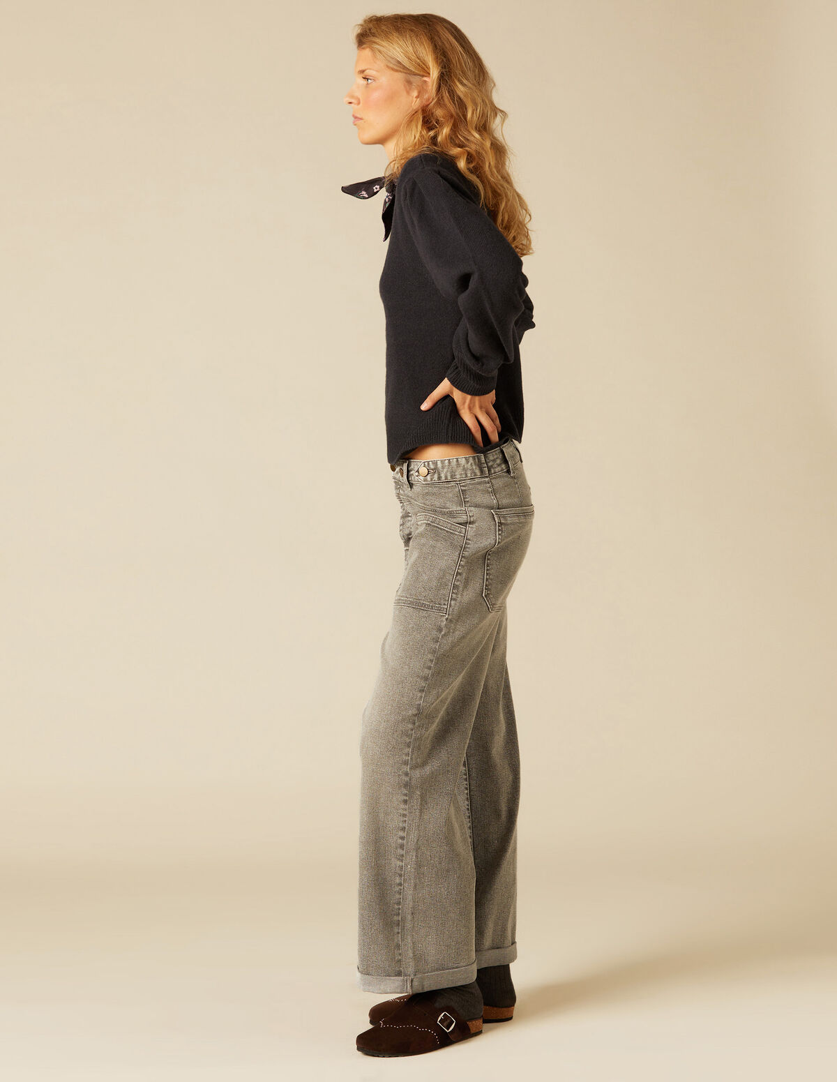 DENIM BOTONES CINTURILLA GRIS AZUL