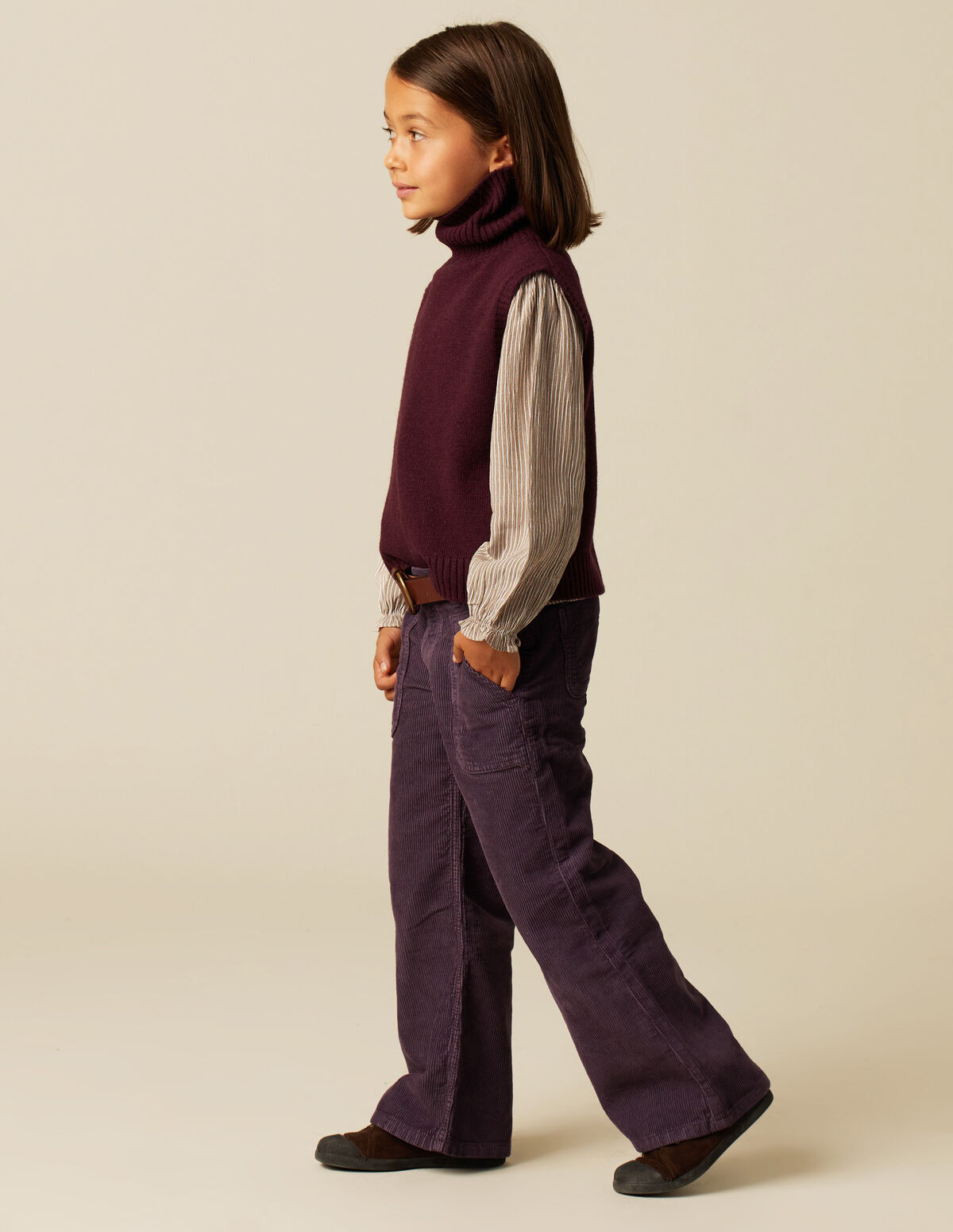 PANTALON FILLE LARGE VELOURS CÔTELÉ SABLE