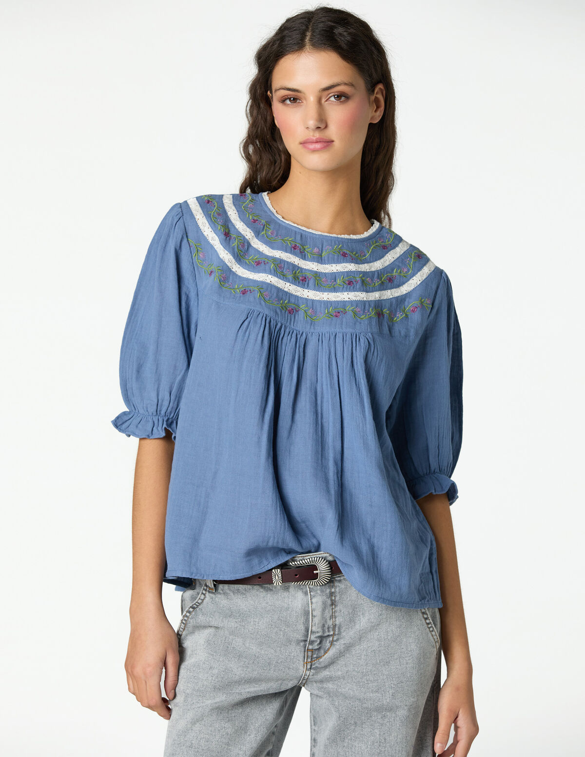 CAMISA TIRA BORDADA ANILINE BLUE