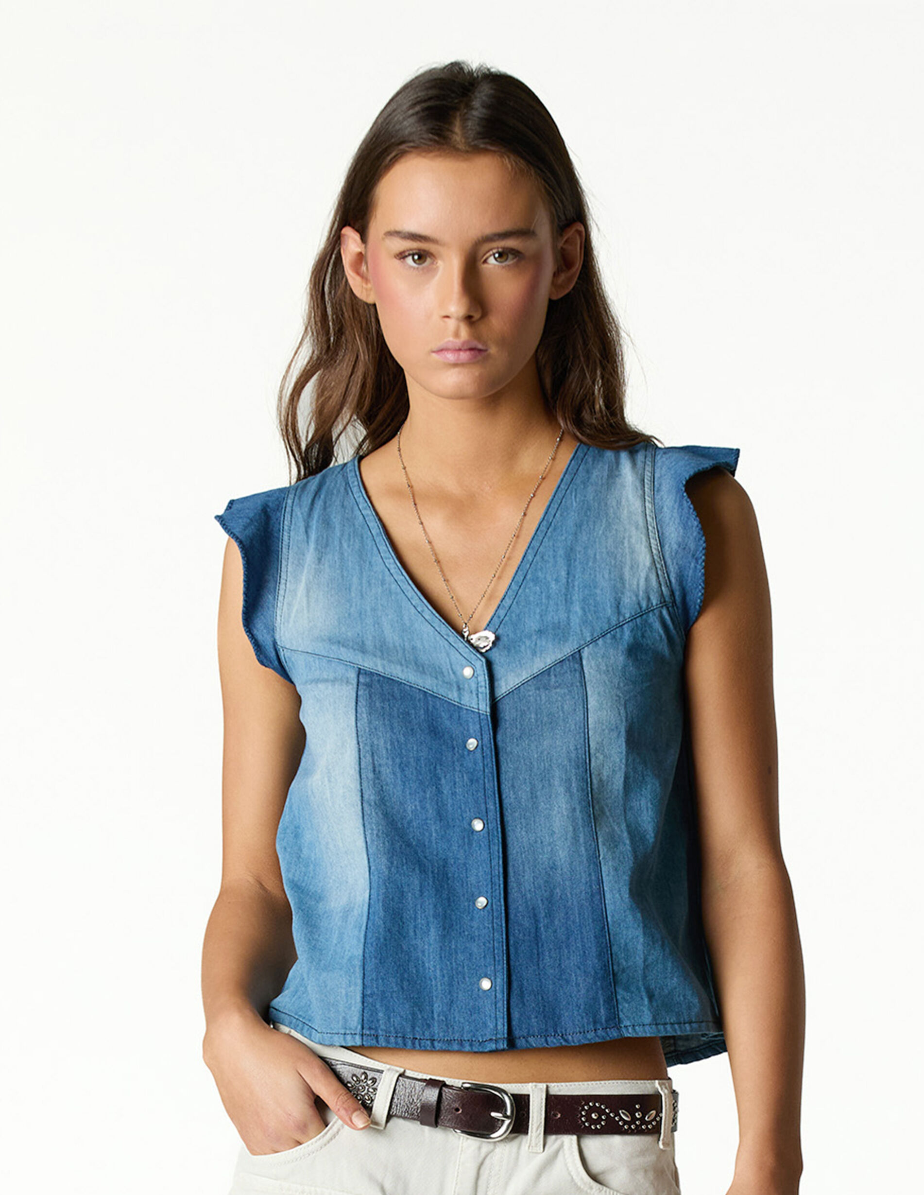 Blue patchwork denim top | NICOLI