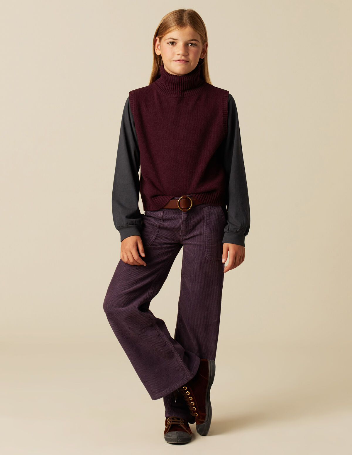 PANTALON FILLE LARGE VELOURS C&Ocirc;TEL&Eacute; SABLE