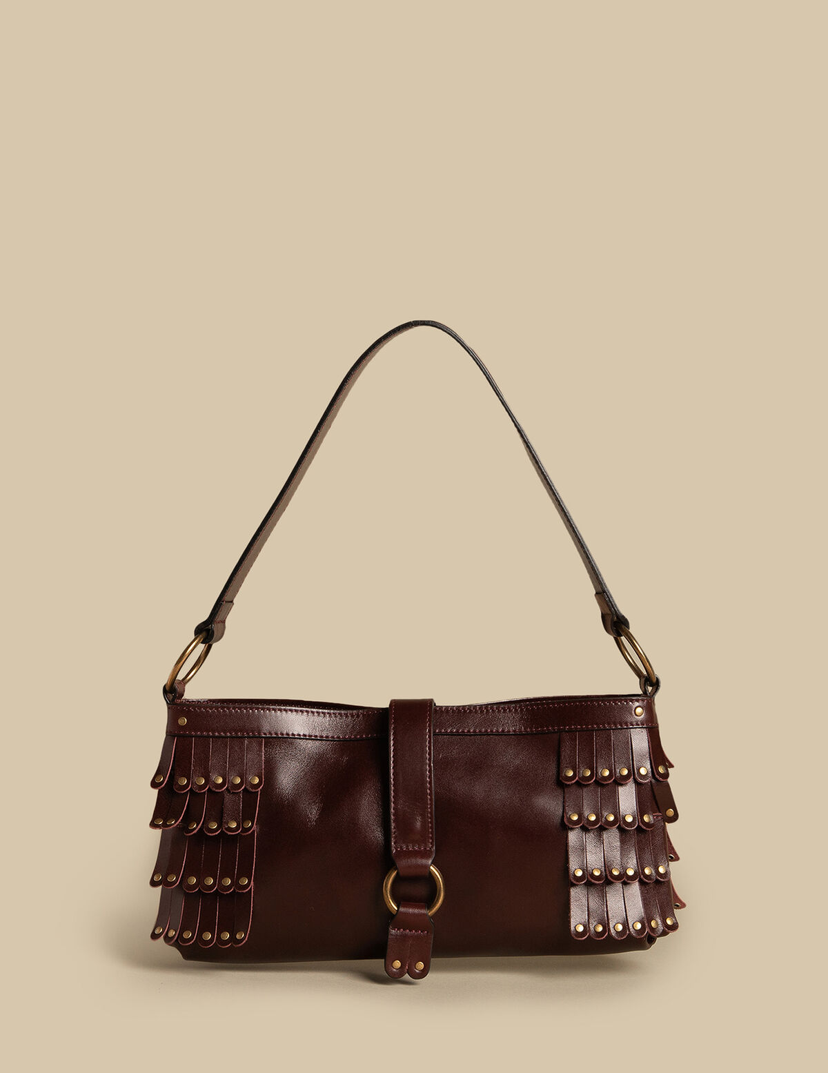 BROWN STUDDED AND FRINGED BAG
