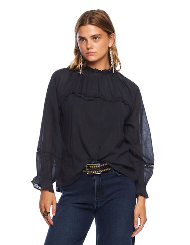 Anthracite stripe ruffle neck laced shirt - View all > - Nícoli