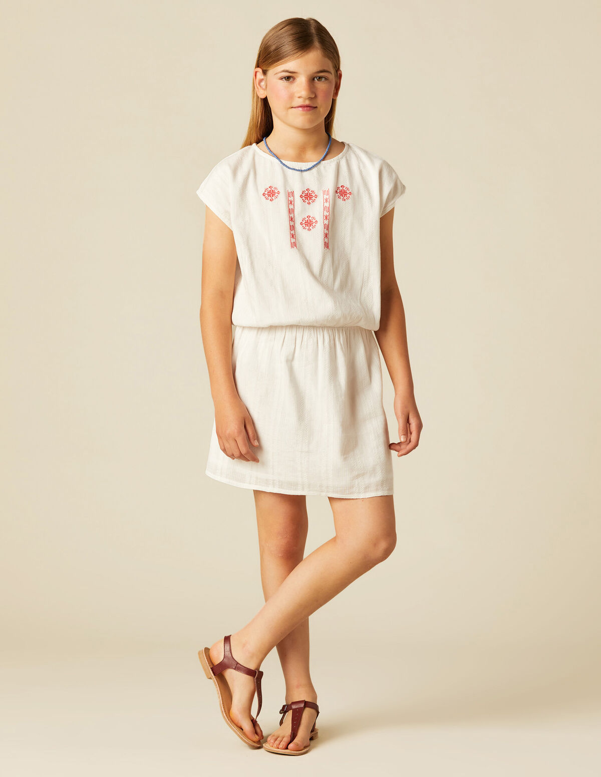 BLUE EMBROIDERED ELASTICATED DRESS