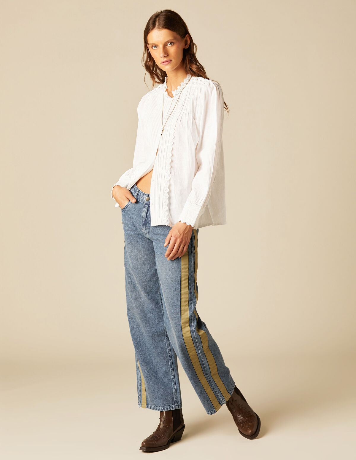 ECRU LACE PIN-TUCK SHIRT