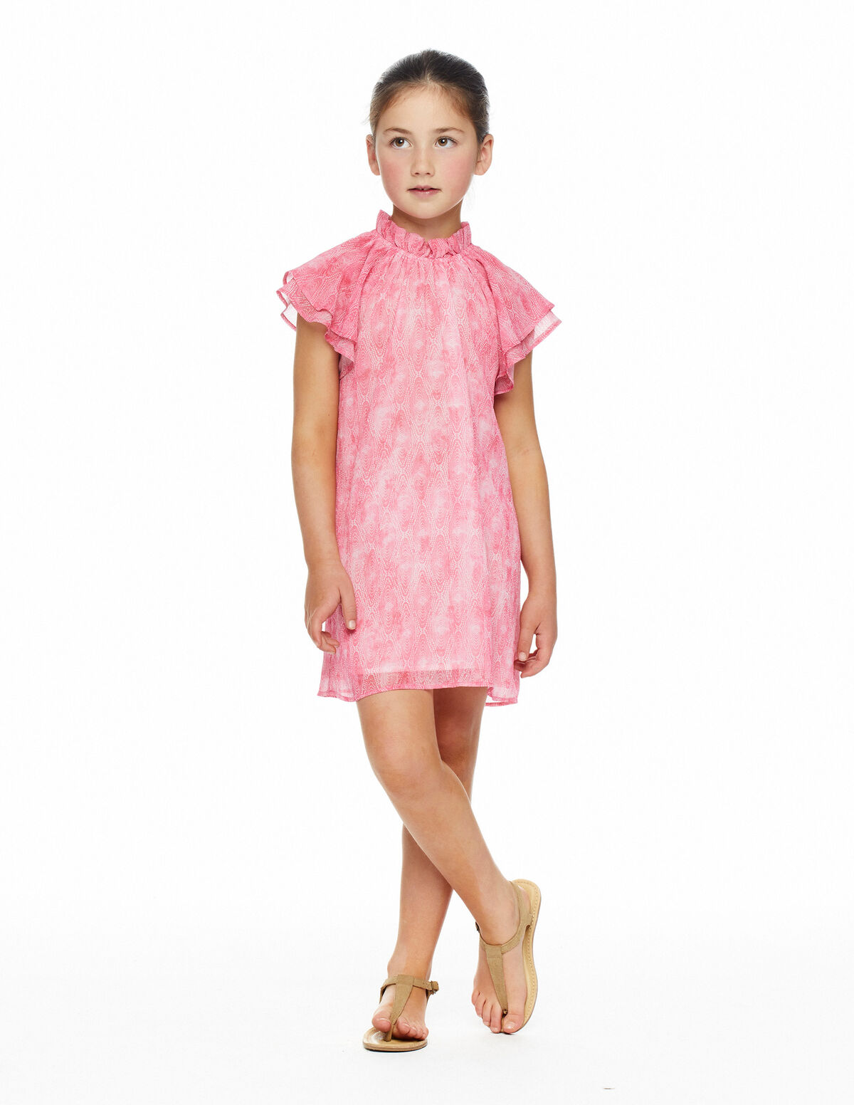 Vestido gasa manga volante print disco rosa