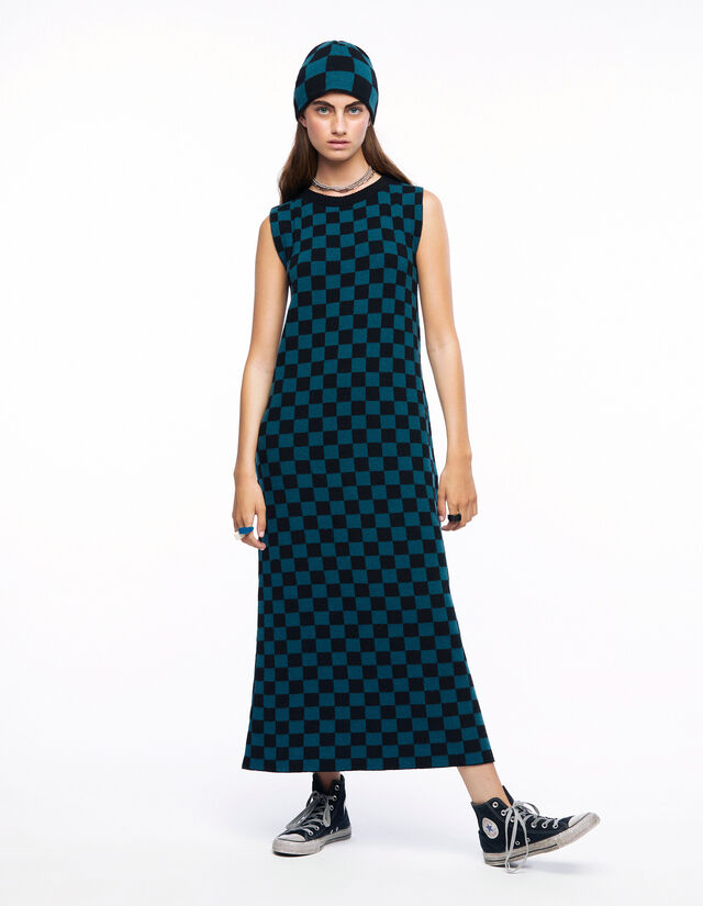 apenas Rusia Malabares Vestido largo cuadros verde y negro
