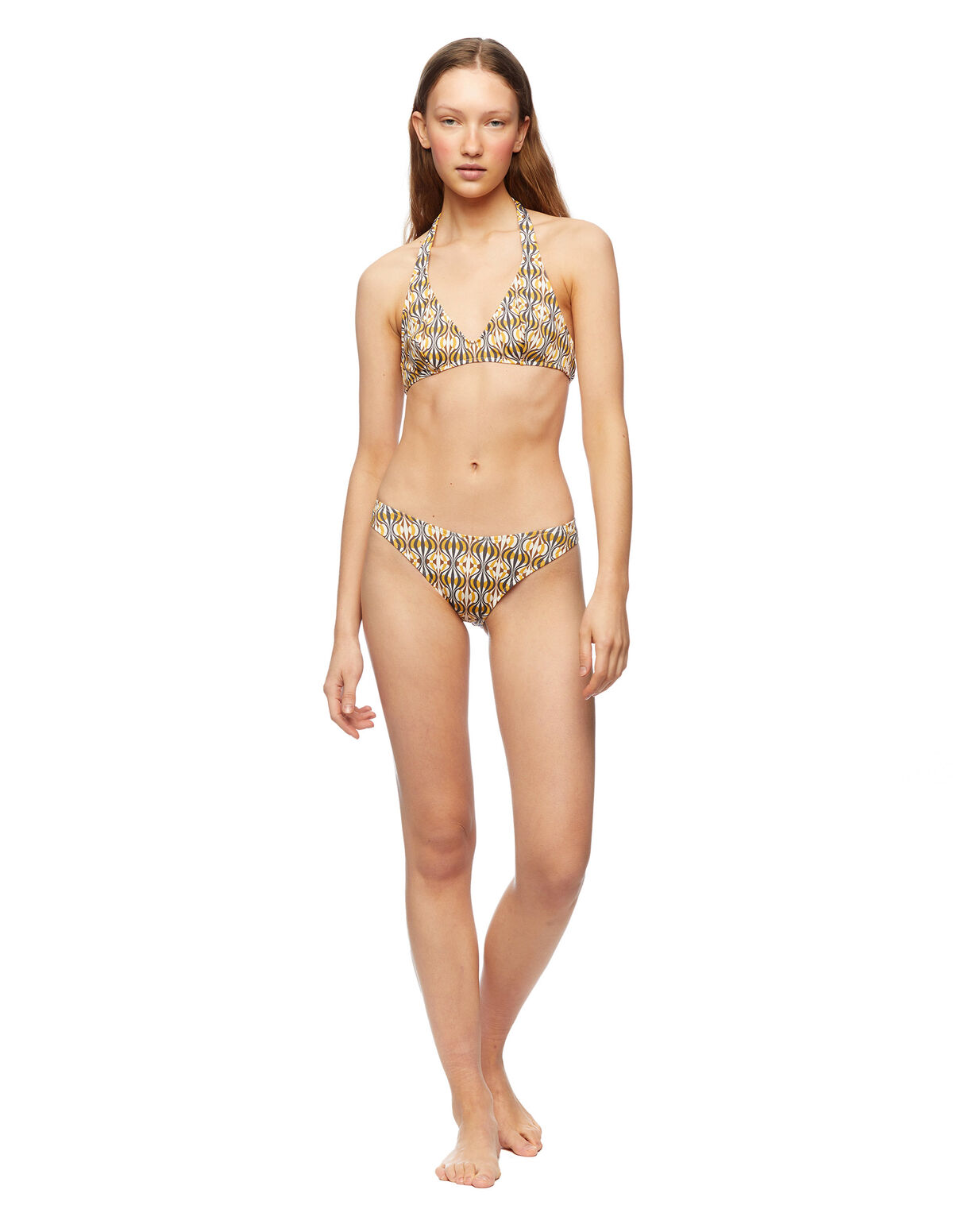Bikini encolure ronde print géométrique moutarde