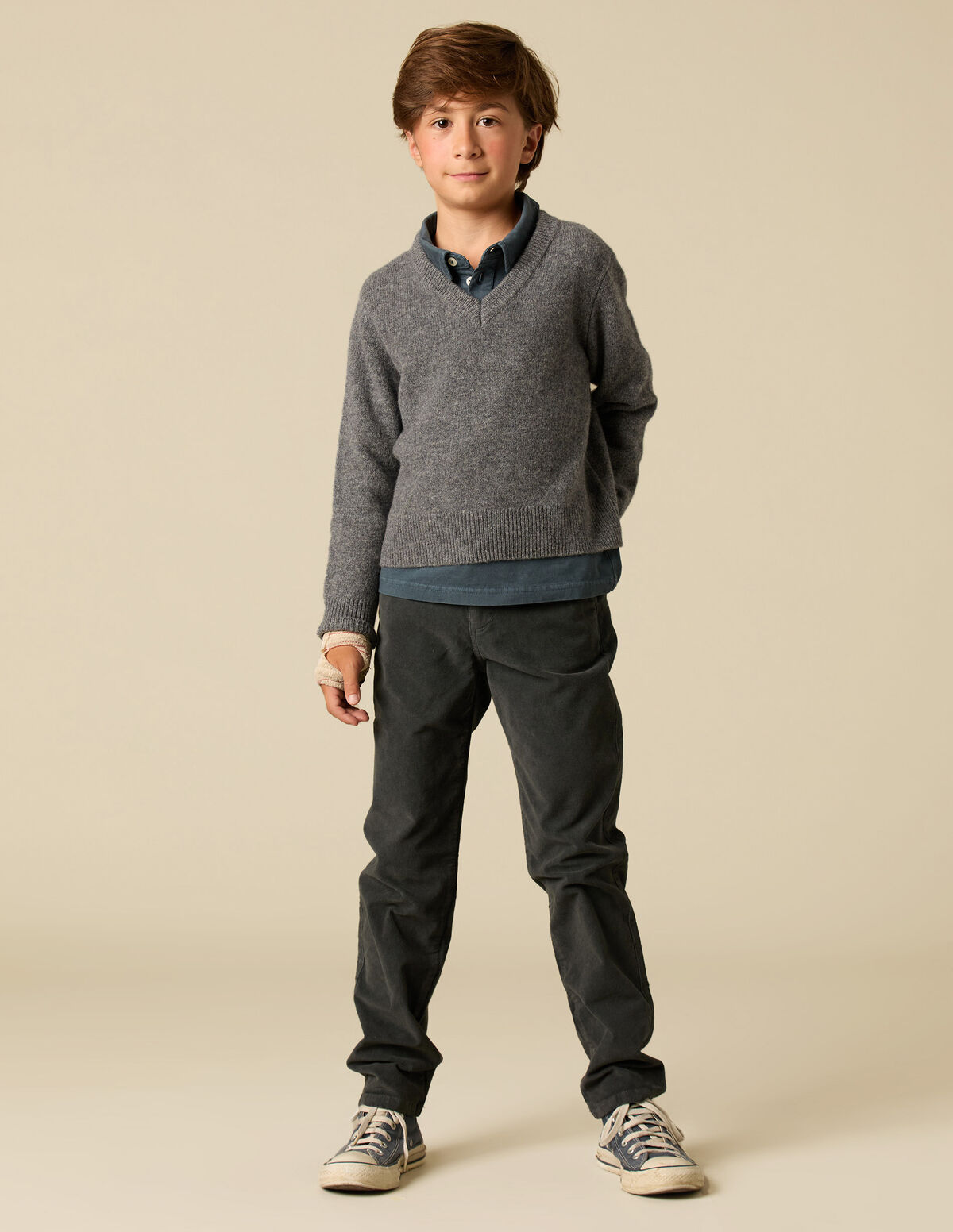 PULL COL EN V GRIS MOYEN