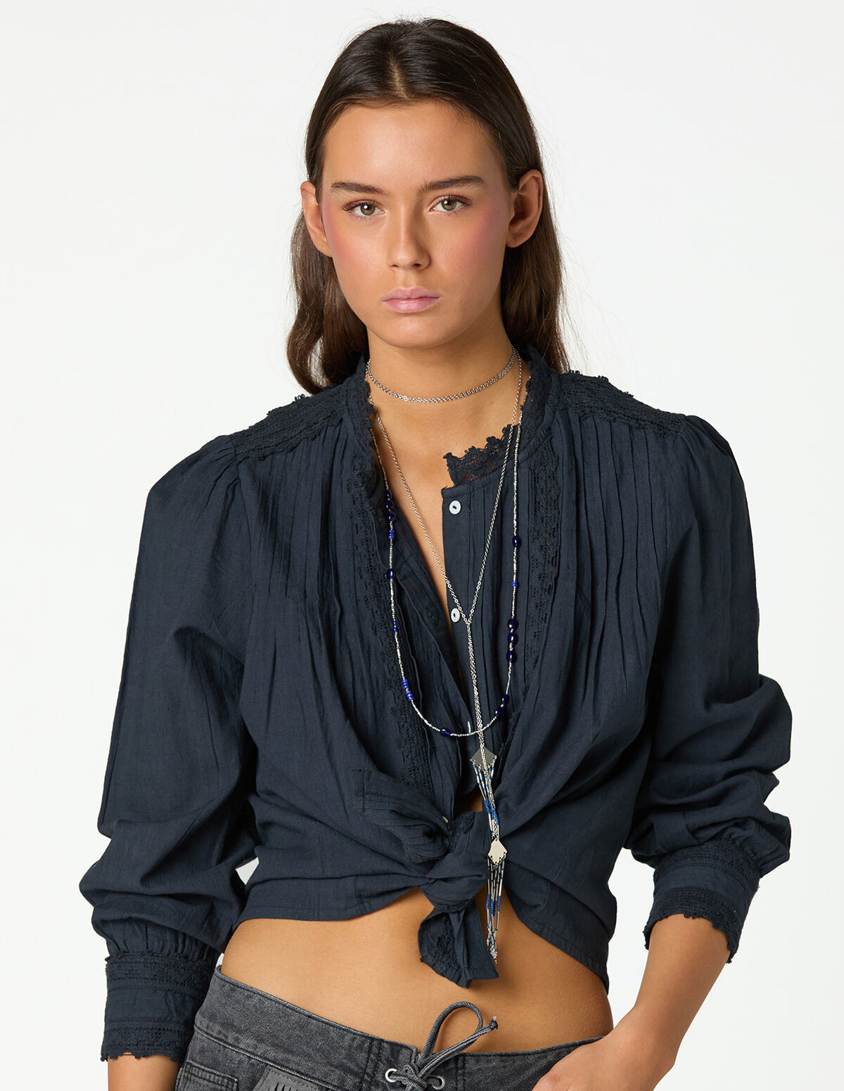 ANTHRACITE LACE PIN-TUCK SHIRT