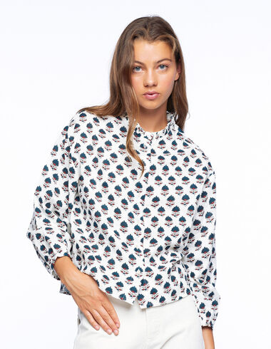 Ecru two-toned lantern-sleeve mock turtleneck shirt - View all > - Nícoli