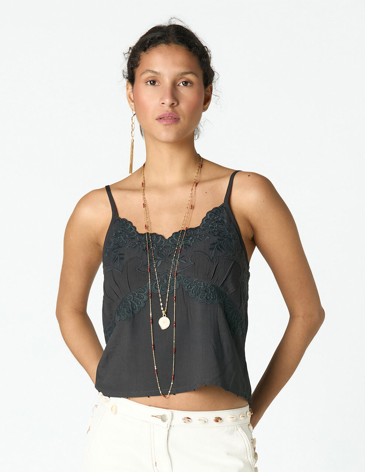 TOP AL&Ccedil;AS LINHO ECRU BORDADO