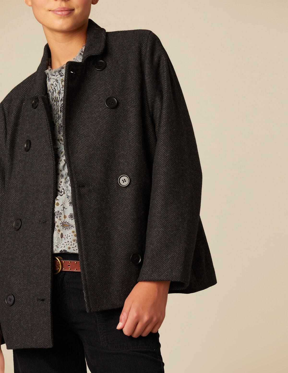 GREY HERRINGBONE CROSSOVER COAT