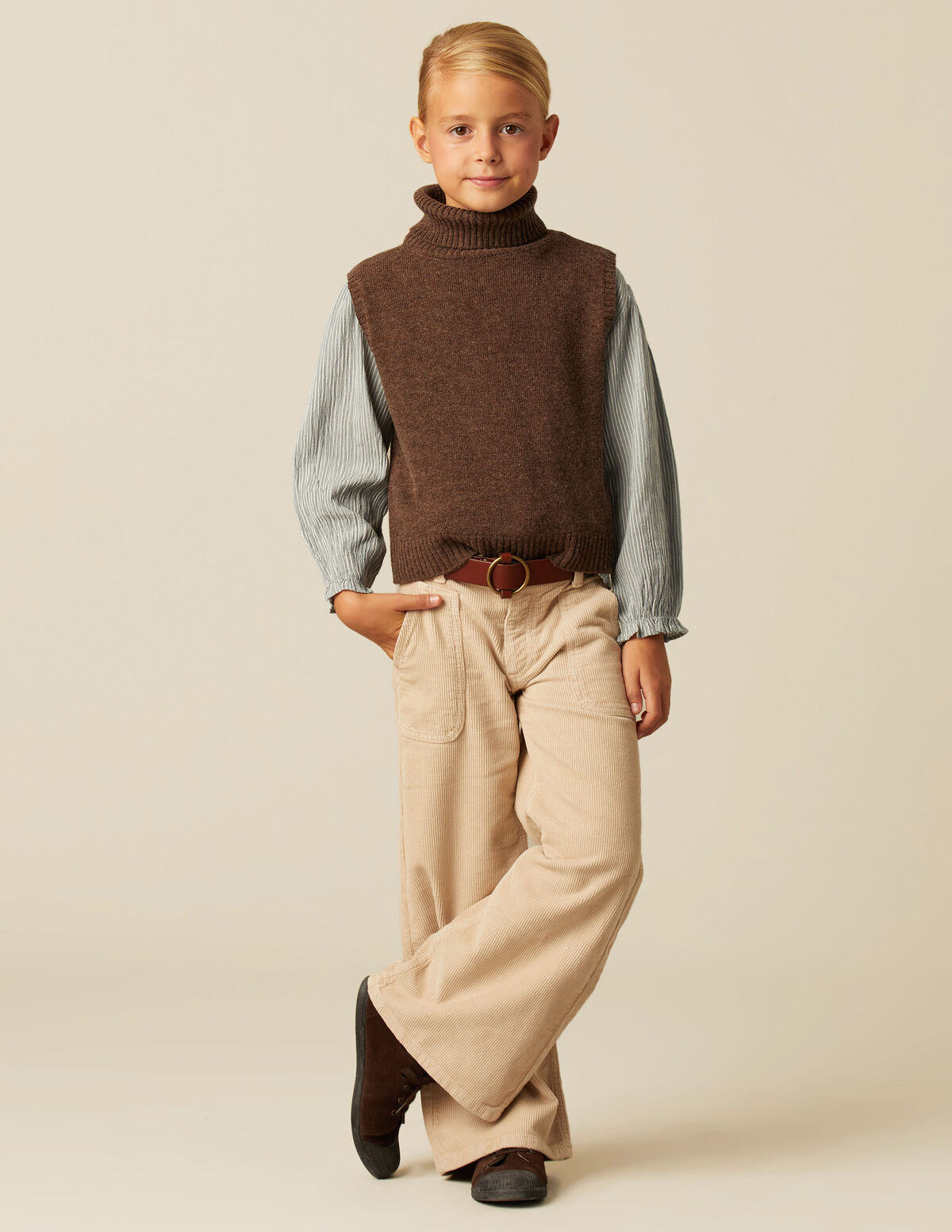 GILET FILLE COL ROULÉ MARRON FONCÉ 