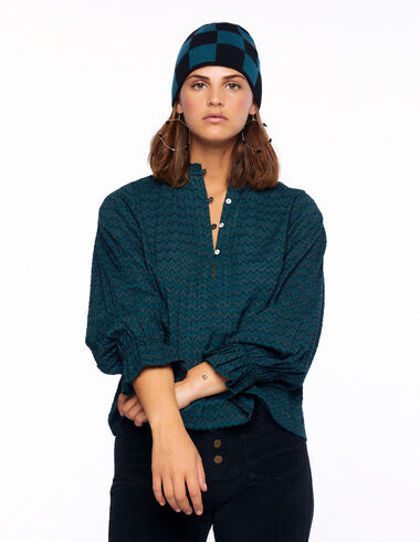Green zigzag pin-tuck mock turtleneck shirt - View all > - Nícoli