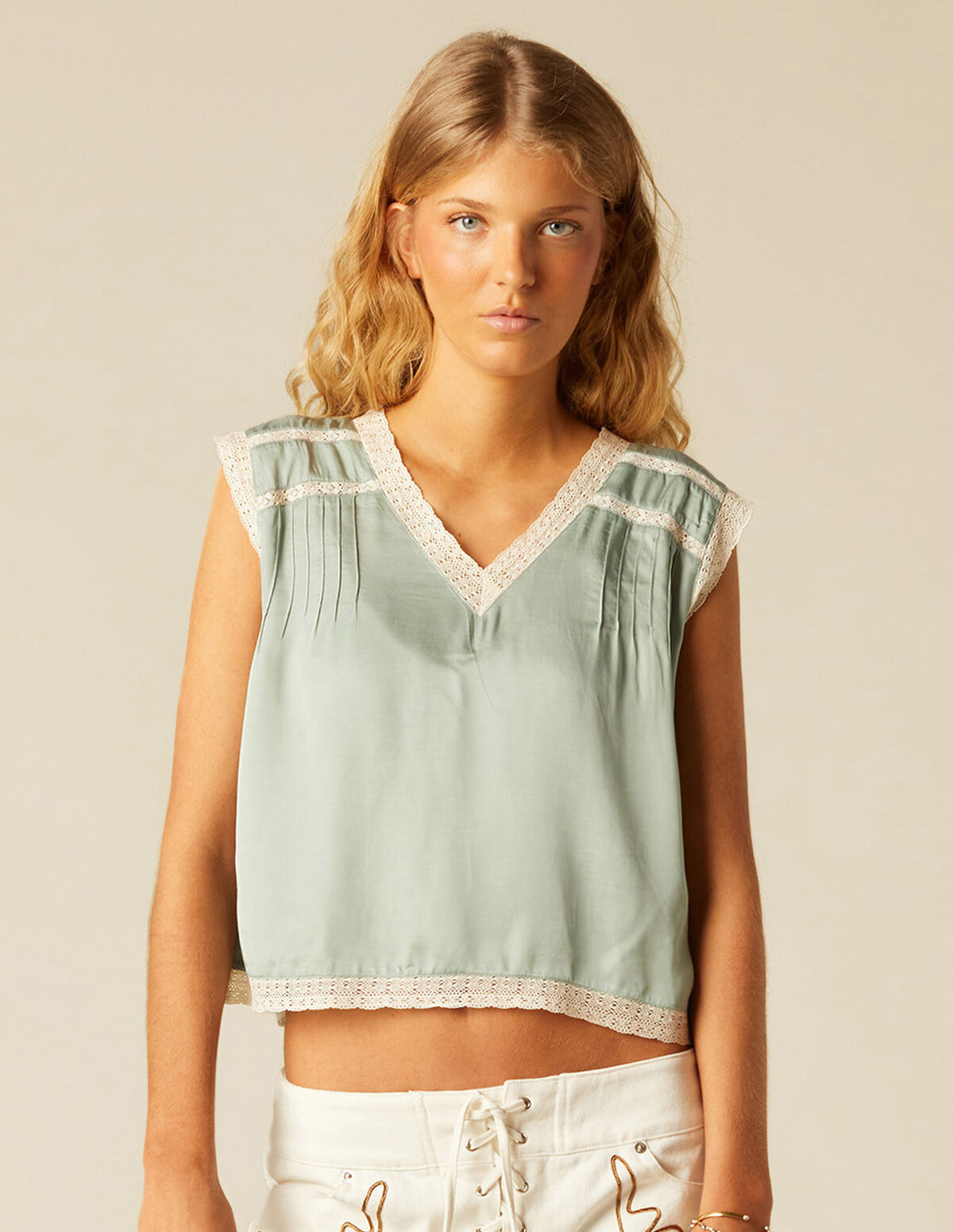 YELLOW SATIN SHIRT WITH LACE