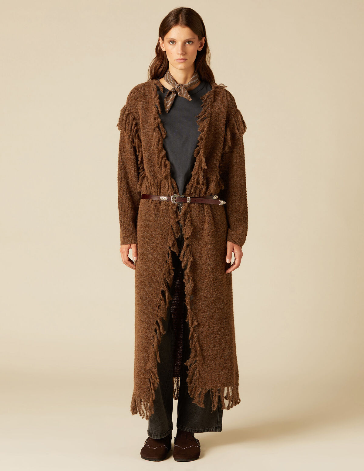 BROWN FRINGED CARDIGAN
