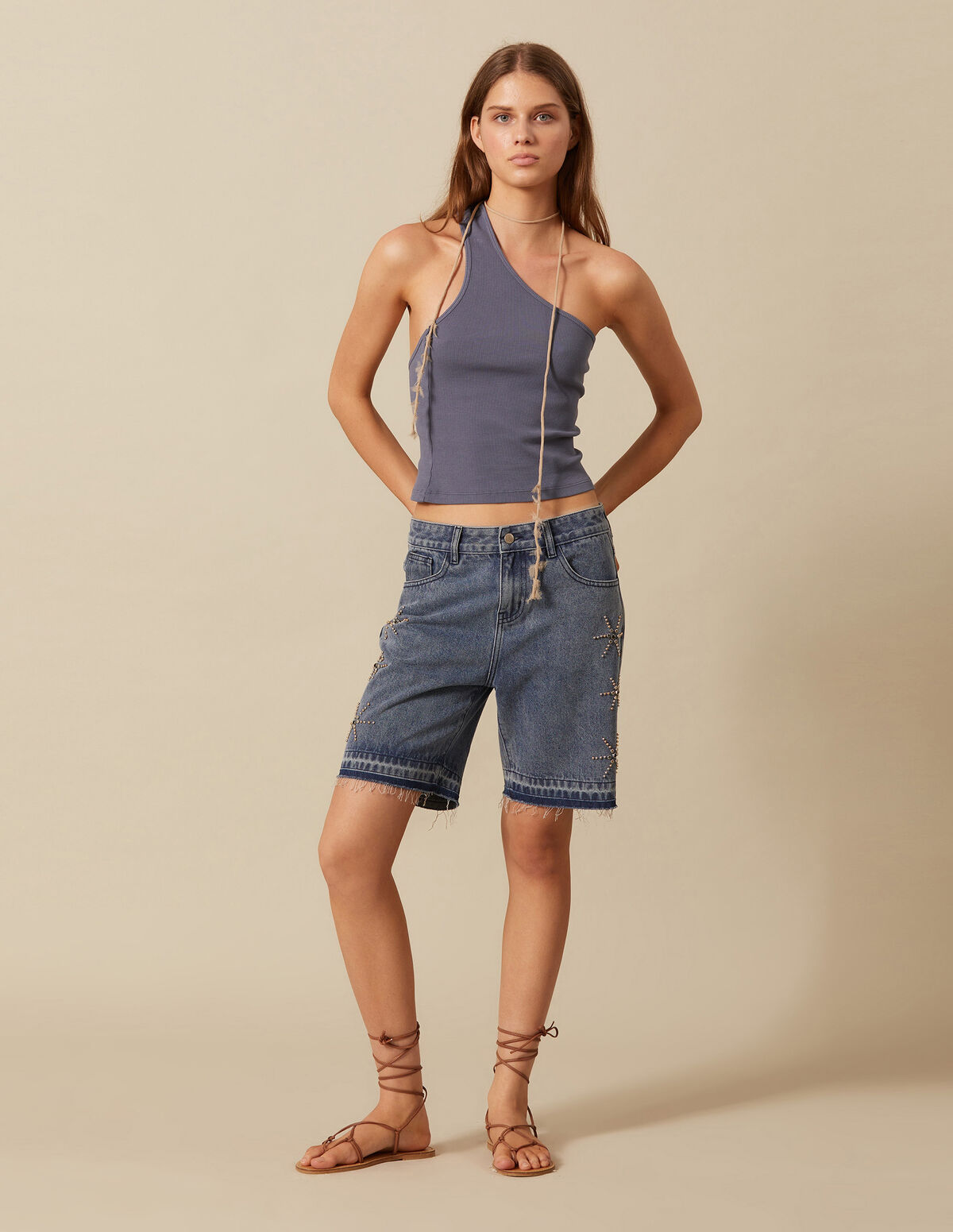 DENIM STUDDED BERMUDA SHORTS