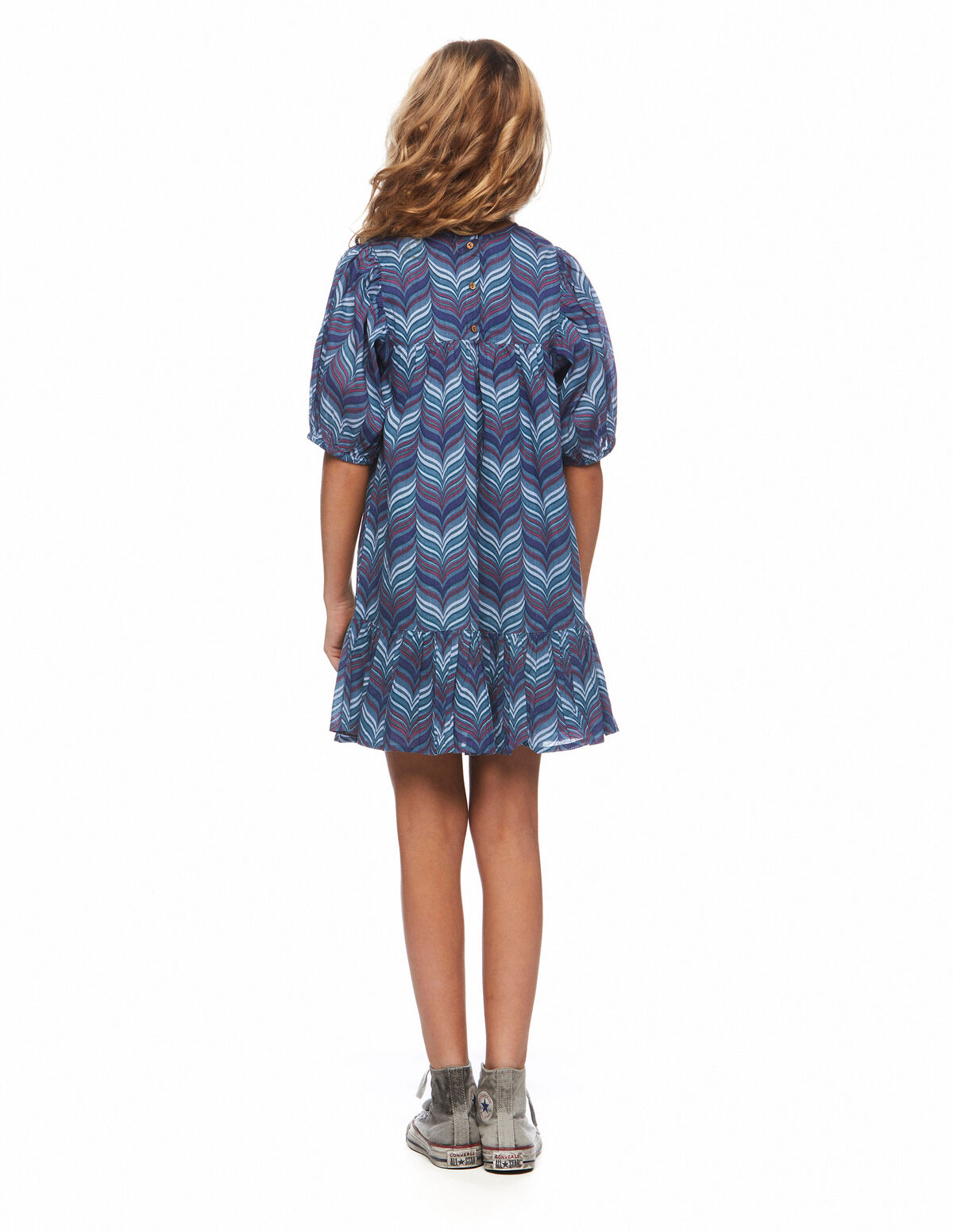 Blue herringbone lantern sleeve dress