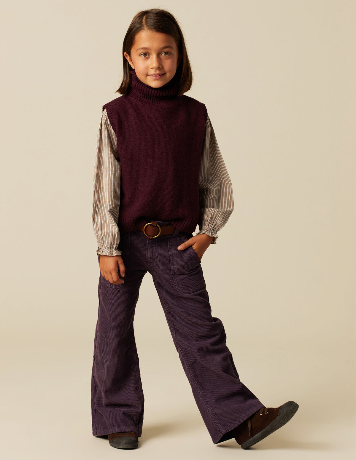 PANTALON FILLE LARGE VELOURS CÔTELÉ SABLE