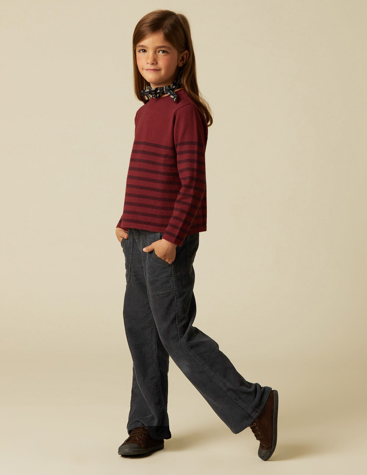 PANTALON FILLE LARGE VELOURS CÔTELÉ SABLE