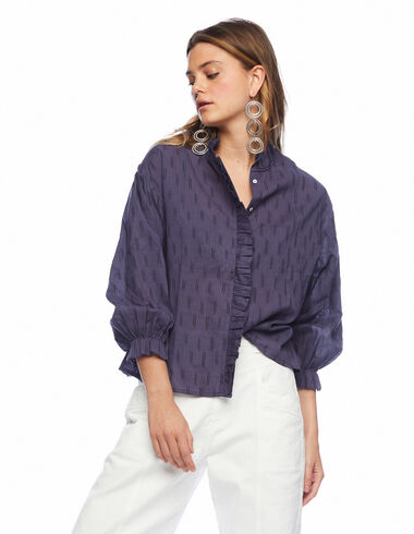 Double stripe cobalt shirt with ruffle neck - Clothing - Nícoli