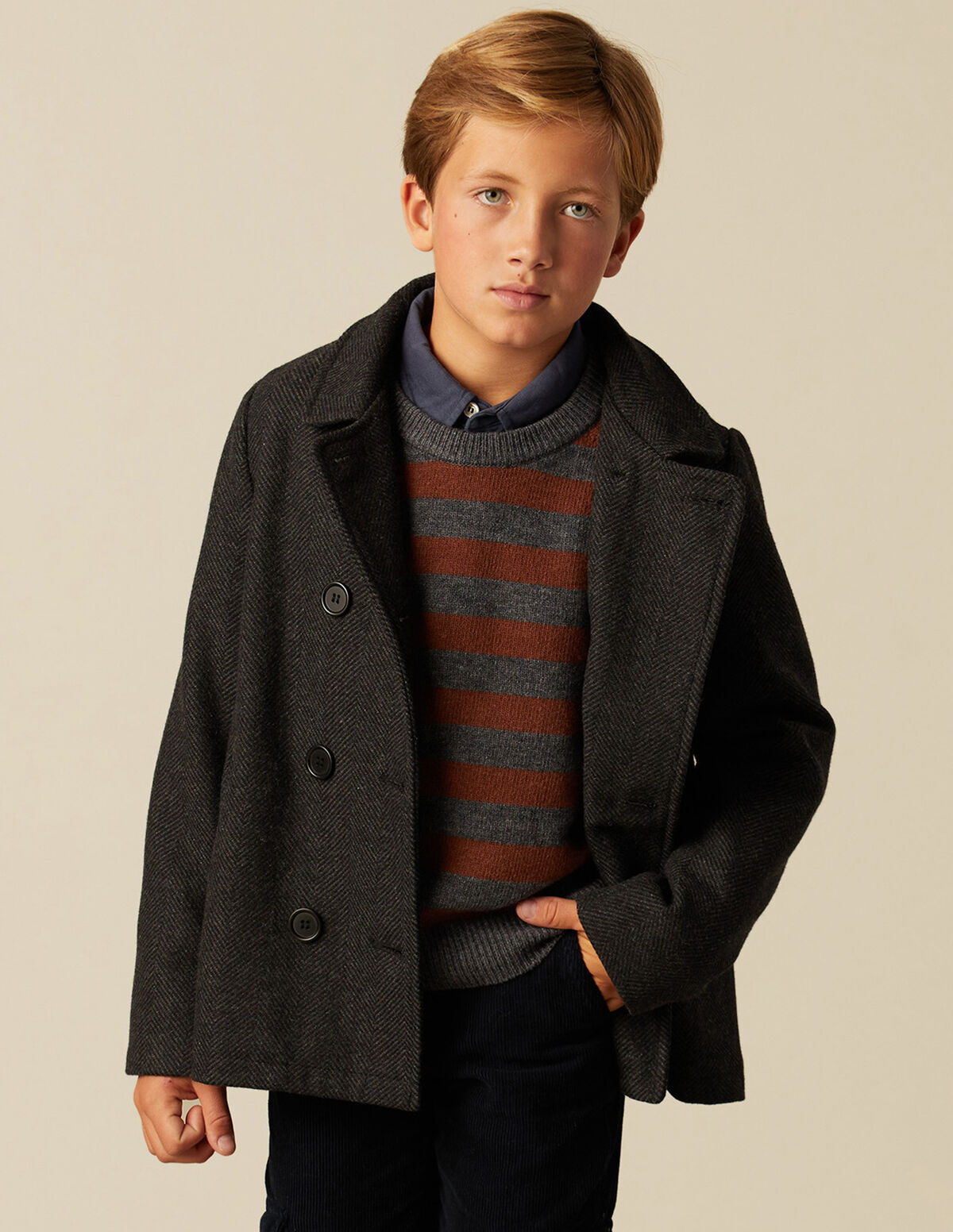 GREY HERRINGBONE CROSSOVER COAT