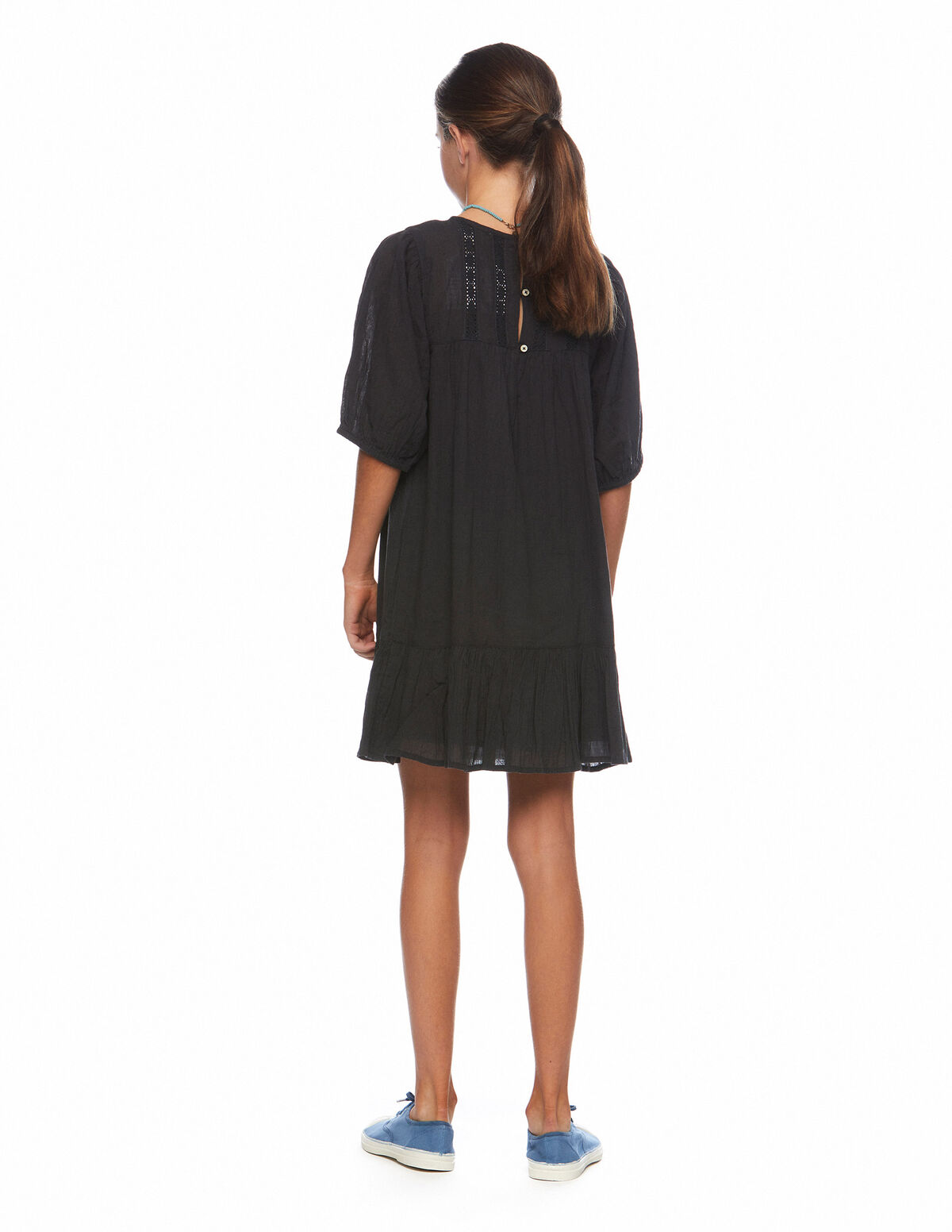 Vestido manga farol encajes antracita